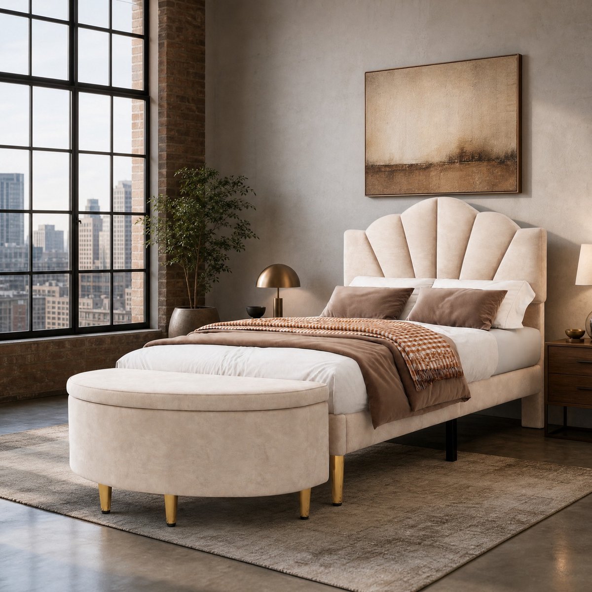 REDOM- Bedframe - Verstelbaar hoofdeinde - Schelpvormig hoofdbord met lattenbodem - Opbergbank - Slaapkamer - Stof - Beige - 95 x 205 x 120/130 cm