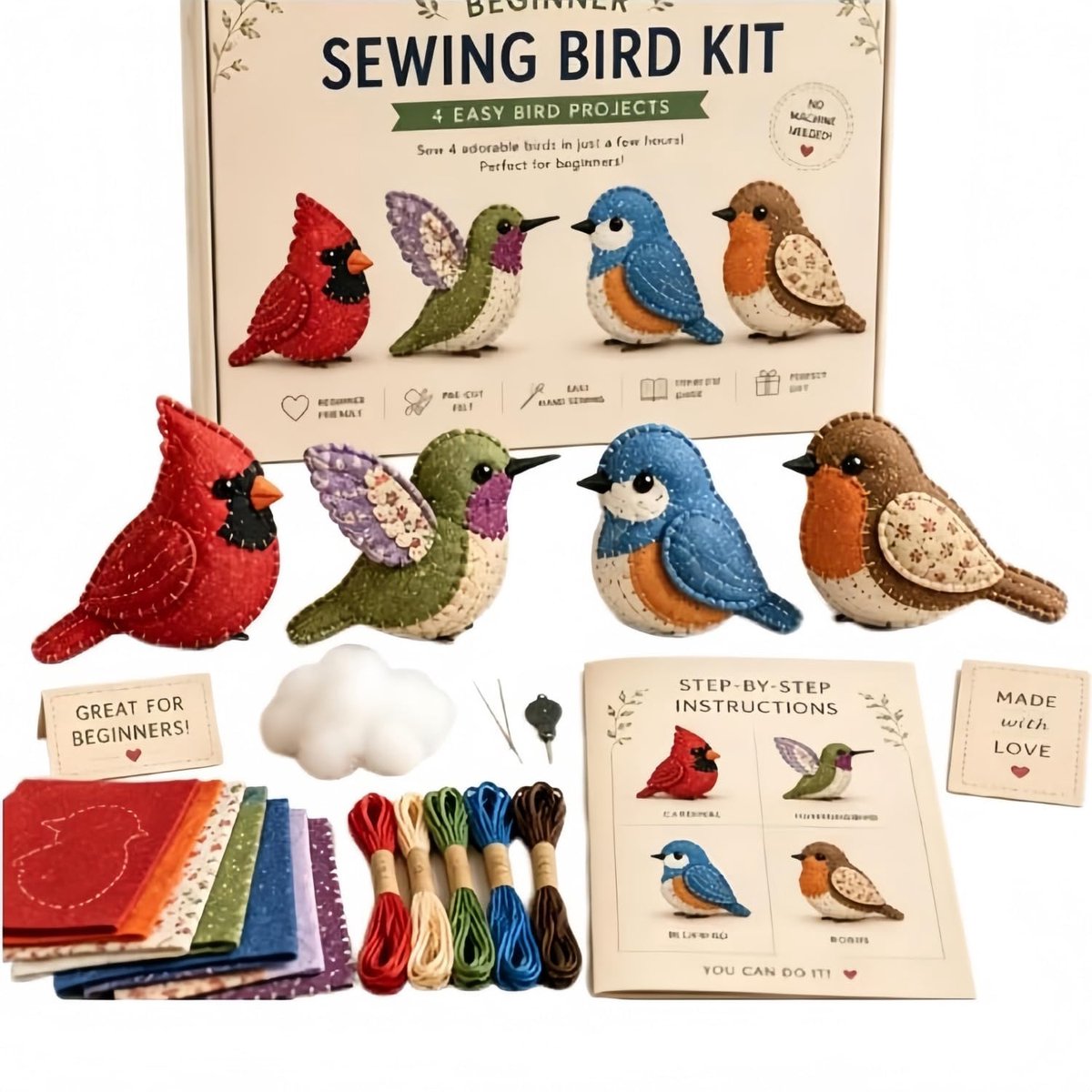 DIY Stoffen Dier Knutselpakket | Creatieve Handgemaakte Naaiset met Voorgesneden Vilt | Zacht Pluche Dier Knutselproject | Creatief Handwerk voor Volwassenen en Tieners | Complete Set met Alle Benodigdheden（Stijl A Vogel 4-delige set）| Cyslmuk®