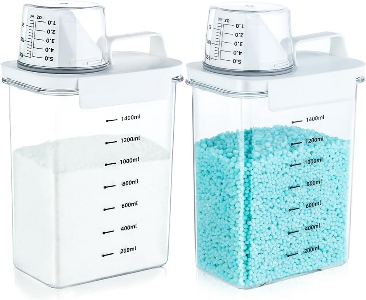 Airtight Wasmiddel Dispenser 1800 ml met Maatbeker, Multifunctionele Opslag voor Waspoeder en Granulaat, Ideaal voor Huishoudelijk Gebruik, 2 Stuks, Wit