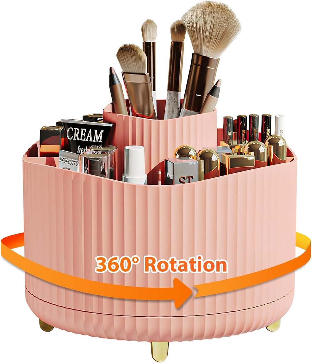 360° Draaibare Make-up Borstelhouder Organizer, Perfect voor Cosmetica, Lippenstift en Mascara Opslag in Slaapkamer of Badkamer (Roze)