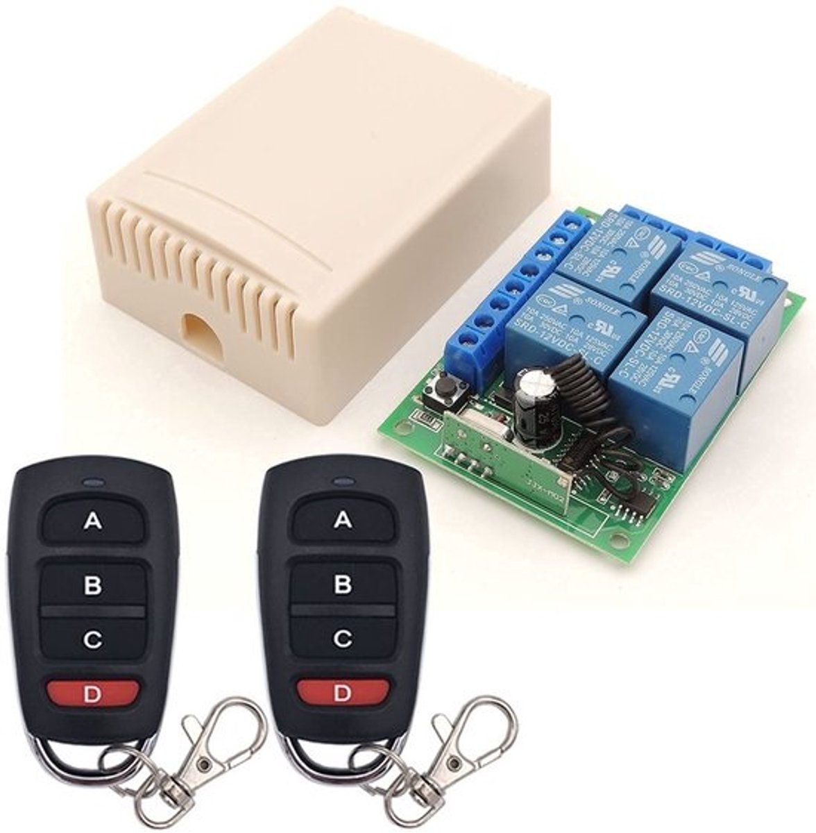 Draadloze 4-Kanaals RF Afstandsbediening met Ontvanger en 2 Zenders voor Garage, Motor en Verlichting