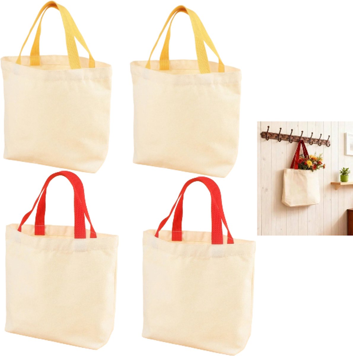 4 stuks- canvas draagtas - boodschappentas - handtas - blanco stoffen tas - opbergtas - rood, geel - 27*22*8 cm - Geschikt voor bulkgeschenken, schilderijen, knutselspullen