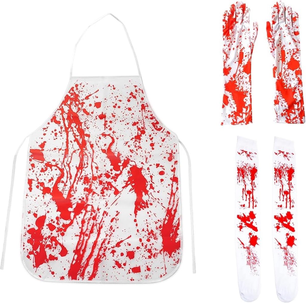 Bloedige handschoenen, schort en sokken voor Halloween-feesten, horror rollenspellen en griezelige geschenken - 3 stuks