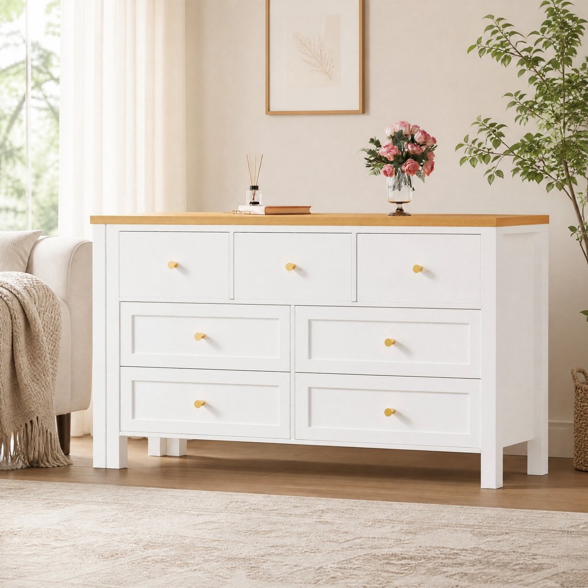 Wishdor Bureau - 2-in-1 draaibaar met 7 lades - Hoekopstelling en sideboard - Modern eikenlook wit - Voor kantoor slaapkamer woonkamer hal - 120 x 40 x 70 cm