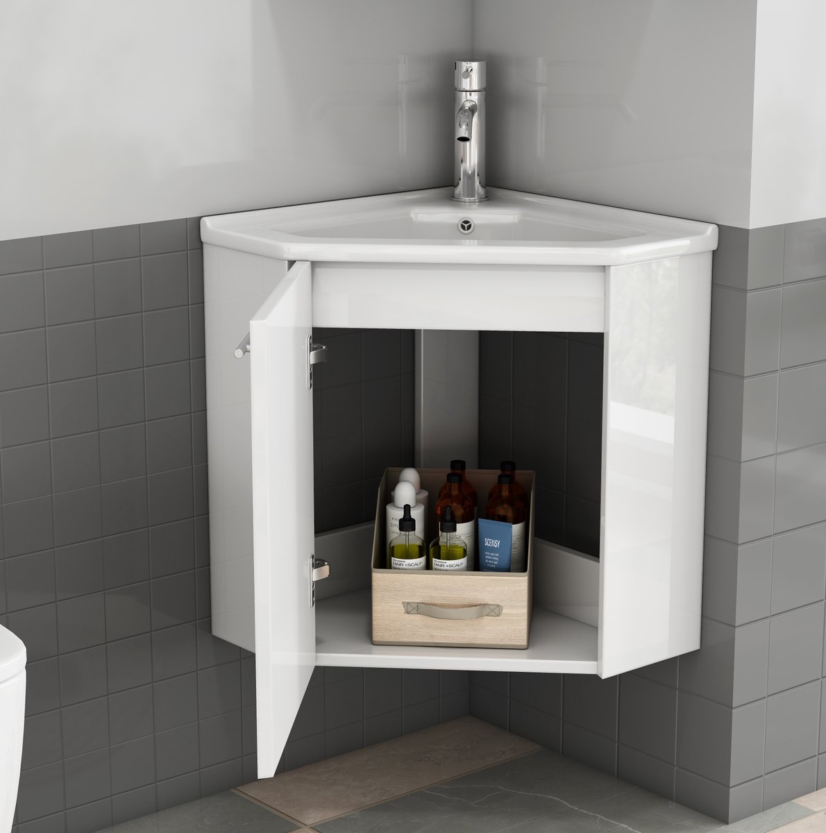 OKWISH Hoekbadkamerkast Met Keramische Wastafel En Spatrand Hoogglans Wit Ruimtebesparend Voorgemonteerd MDF 39,8 X 24,8 X 40 Cm