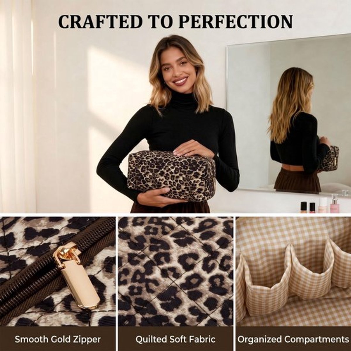 Namajunas - Toilettas voor dames - Reistas voor föhn - Organizer voor Dyson Airwrap en Airstrait - Grote toilettas - Reisorganizer voor föhn en haarstylingaccessoires - 100% katoen - 35 x 15 x 10 cm - Luipaardprint, geruite stiksels, met vakjes thumbnail 2
