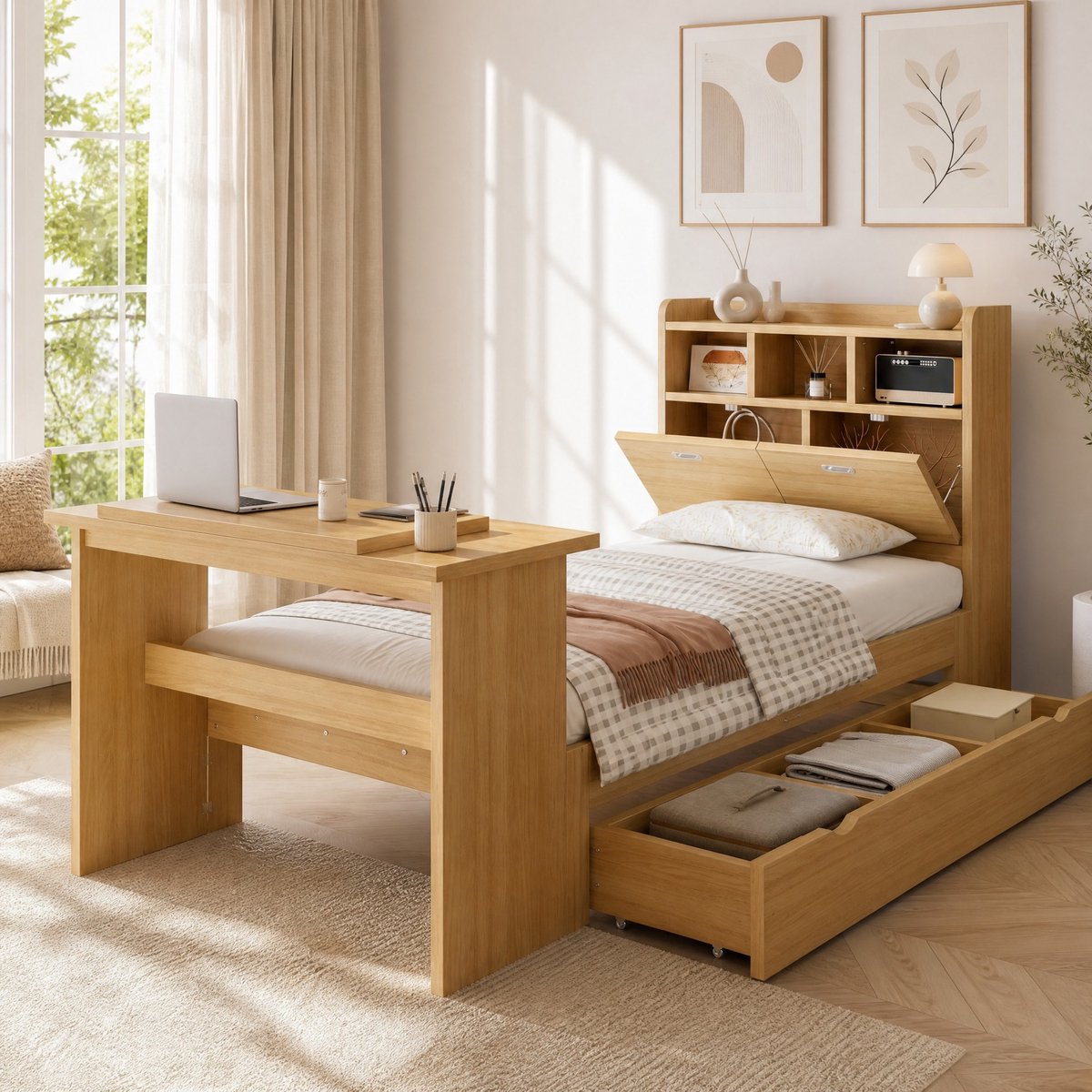 Bed – 90x200 cm – Met Opbergruimte, Hoofdbordvak, Klaptafel En Lade – Hout – Naturel – Eenpersoons