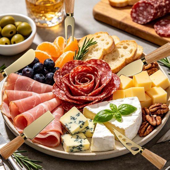 Een uitgebreide kaasplank met charcuterie, fruit en noten, met gouden kaasmesjes met houten handvatten erin gestoken.