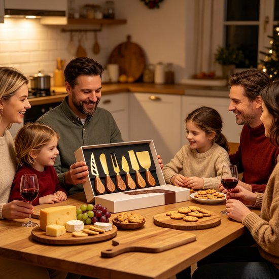 Een familie geniet aan tafel van een kaasplank, terwijl de vader een gouden kaasmesjes set met houten handvatten presenteert.