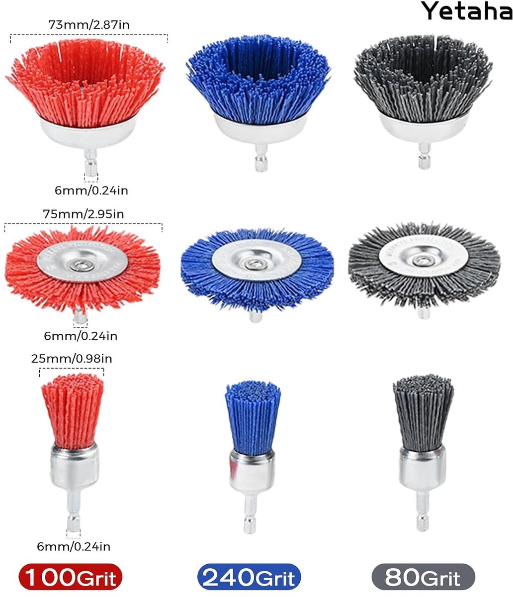 Set van 9 Nylon Borstels voor Schuren, Roestverwijdering en Corrosiebestrijding met 1/4 Inch Hex Aansluiting