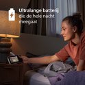 Vrouw kijkt 's nachts in bed naar Philips Avent babyfoon met batterij-indicator.