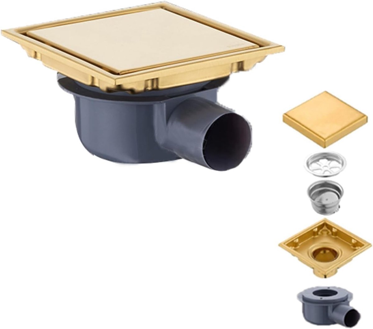 Vierkante Doucheafvoer 15 x 15 cm Goud met Geurfilter en Haarfilter, 360° Afvoersysteem voor Badkamer en Buiten, Inclusief RVS Tangen voor Eenvoudige Reiniging