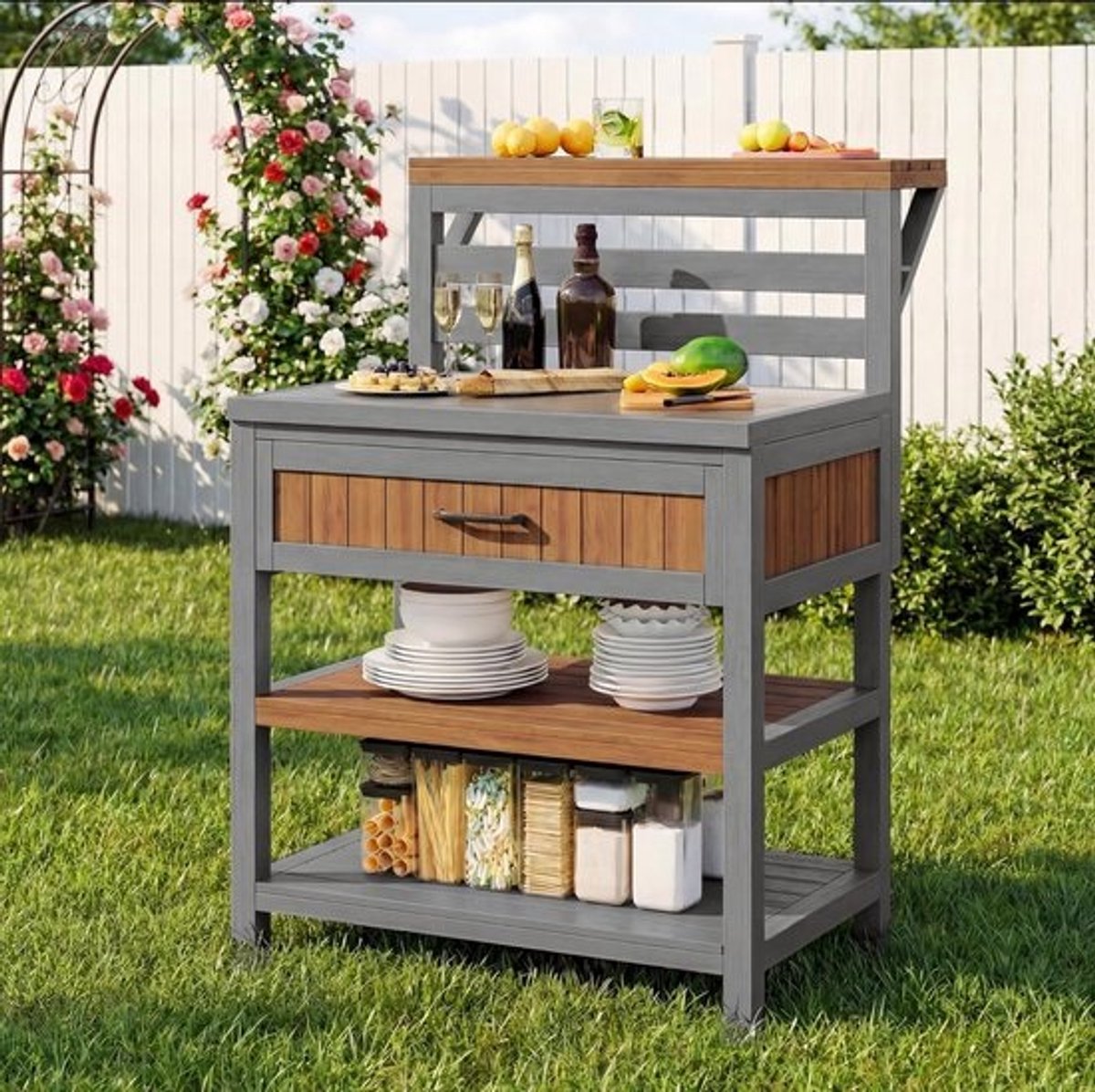 Tuinkast met Werkblad - Buitenkast Grilltafel - Buiten Koken - Roestvrijstalen Werkblad - 100kg Draaglast - Natuurlijk Hout