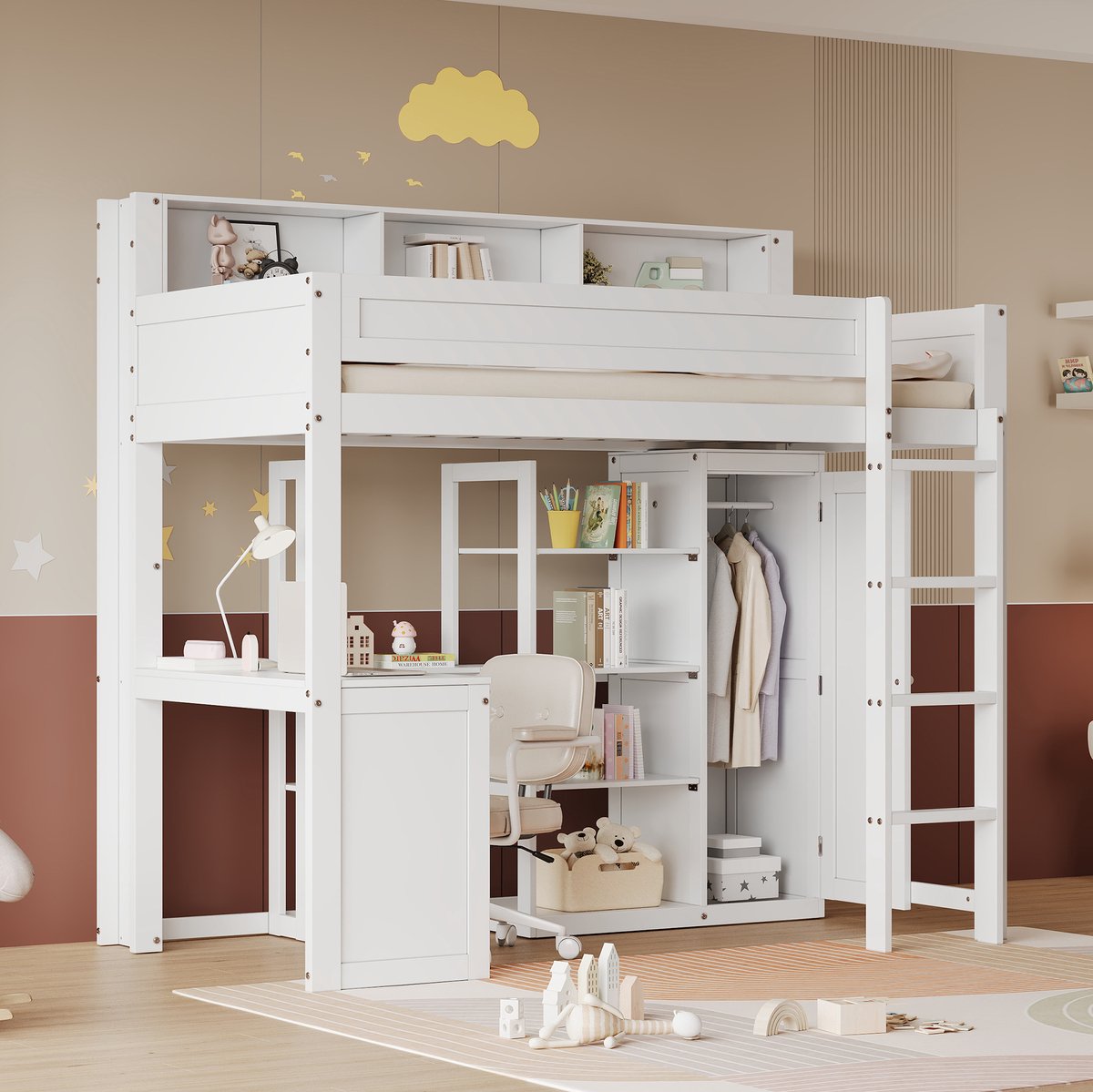Wishdor Hoogslaper 90x200 cm - Met bureau en kledingkast - Met opbergrekken en uitvalbeveiliging - Wit - Kinderkamer - Hout en MDF - 204 x 121 x 191 cm