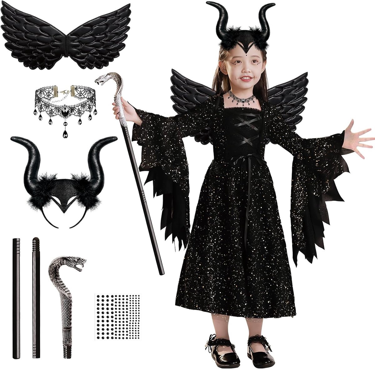 Demonen Kostuum voor Meisjes – Halloween Outfit met Hoorns, Zwarte Vleugels en Cosplay Accessoires voor Feest en Carnavalsvieringen