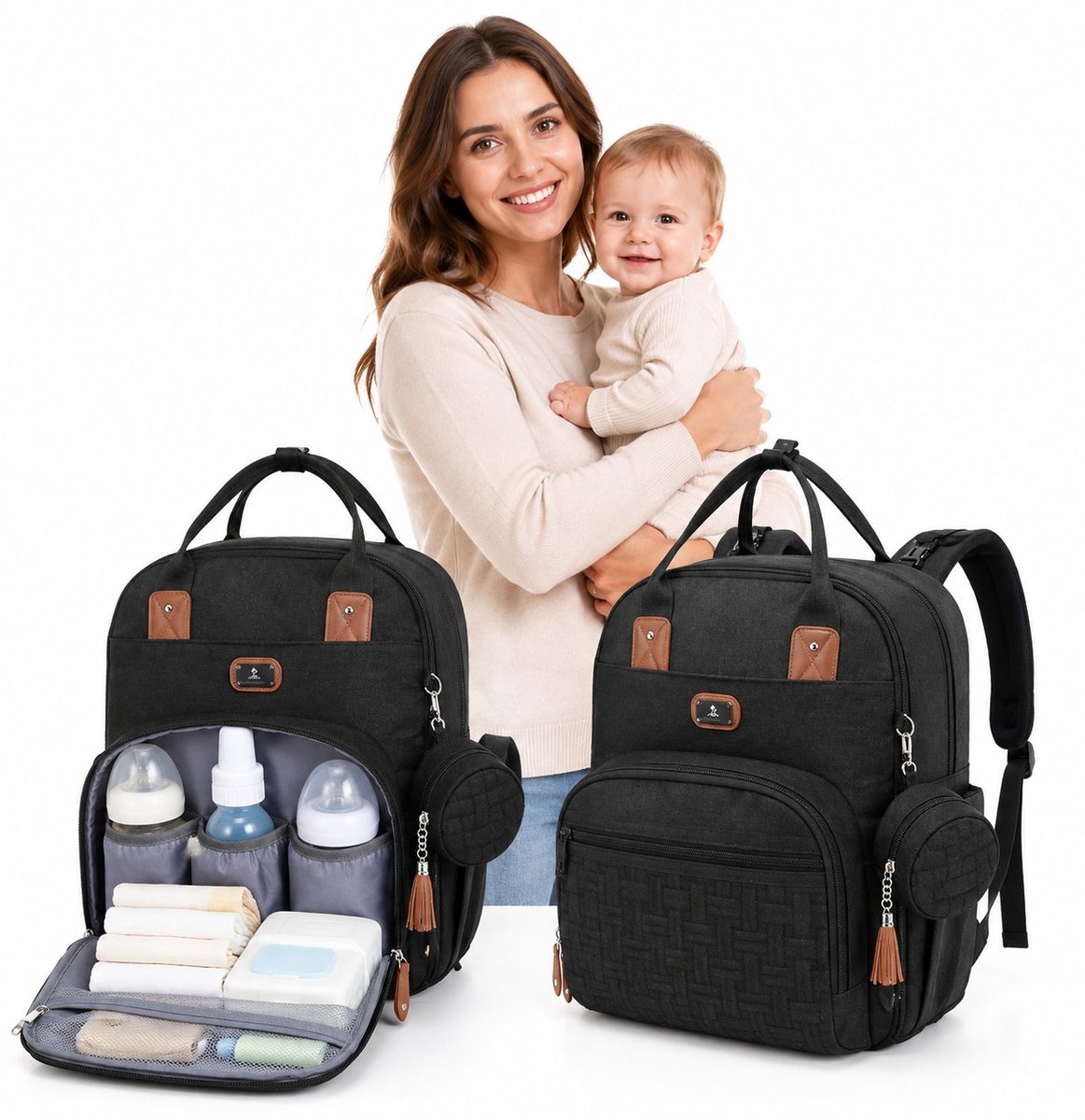 R&H® Luiertas Rugzak met Aankleedkussen en Fopspeenhouder - Grote capaciteit, Kinderwagenriemen, 20 Vakken - Zwart