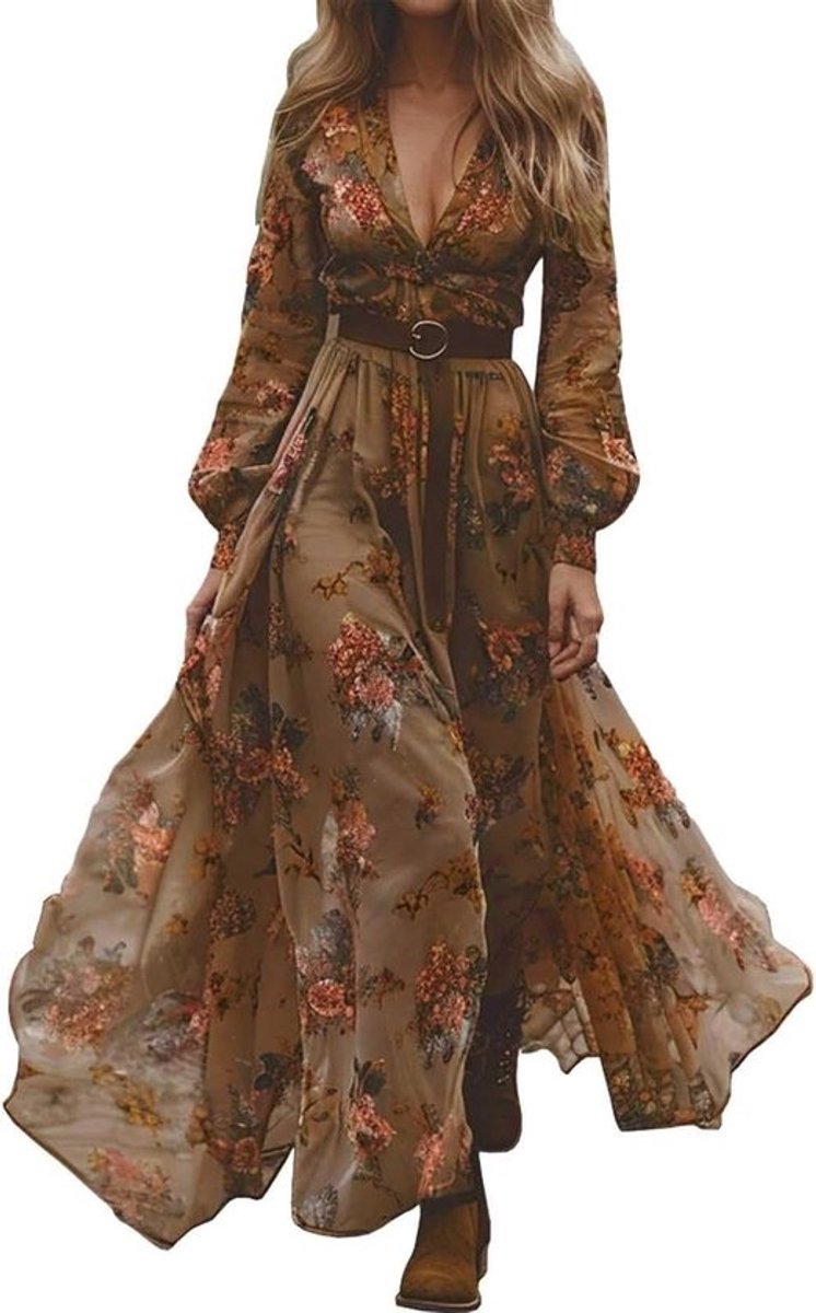 Zomerjurk Dames - Bloemen Maxi Jurk - Casual Herfst - V-hals Lange Mouw
