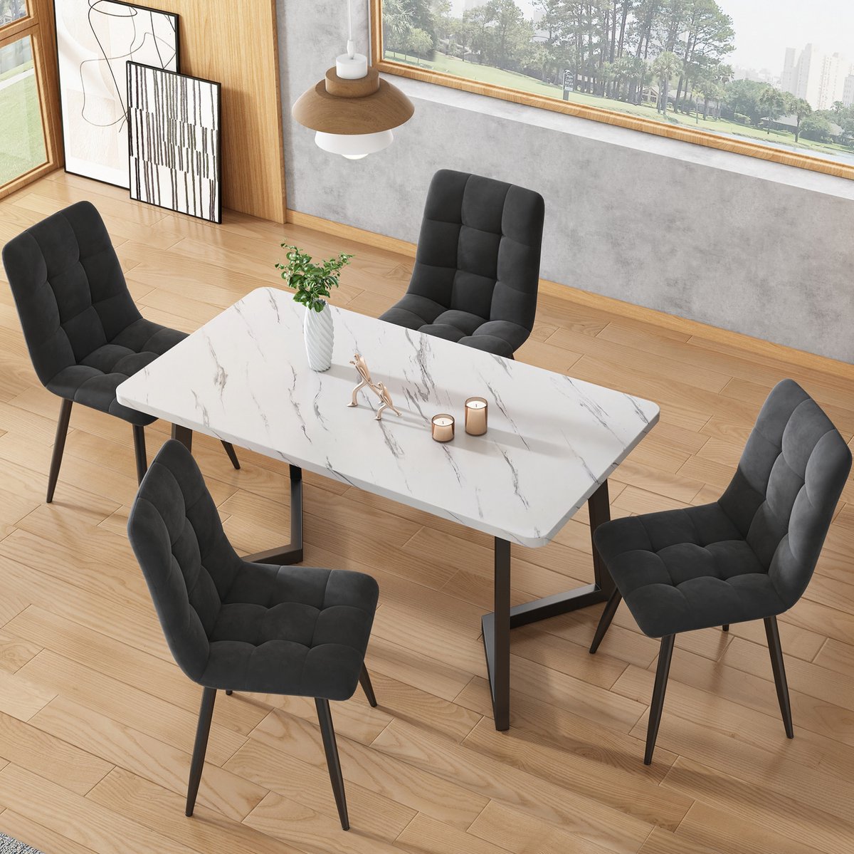 Wishdor Eettafel - Rechthoekig modern ontwerp - Mdf blad met marmerlook - Metalen poten en vast frame - Woonkamer eetkamer kantoor - Zwart wit - 117 x 68 x 75 cm