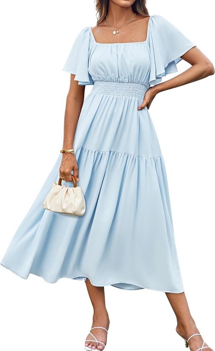 Elegante Lange Zomerjurk Dames met Pofmouwen en Vierkante Hals - A-lijn Wikkeljurk