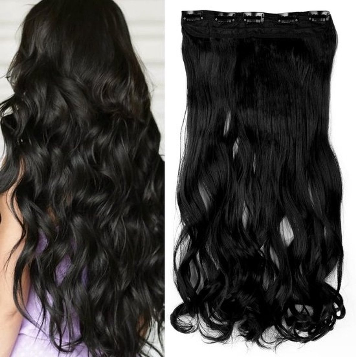 Clip-in Haarverlenging Krullend Golvend 60 cm Donkerzwart 5 Clips