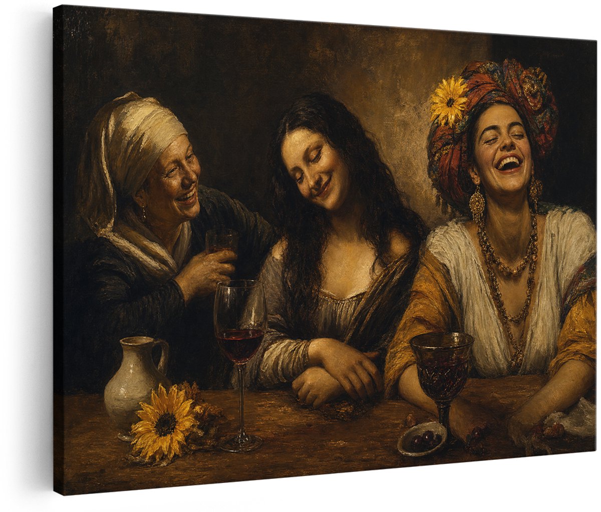 Artaza Canvas Schilderij Vrolijke Vrouwen Aan Tafel - Kunst - Multikleur - 180x120 cm - Groot - Wanddecoratie Woonkamer - Schilderijen - Muurdecoratie