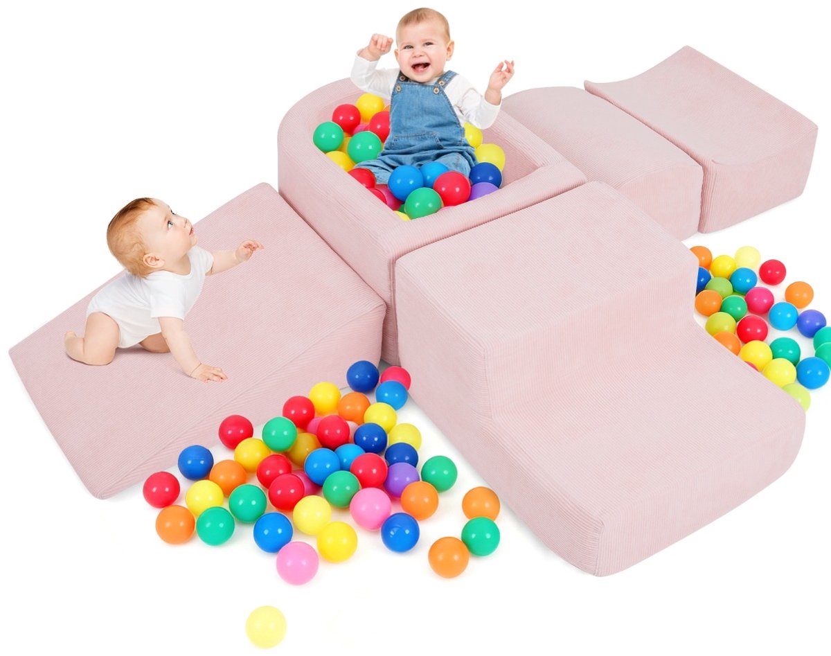 SureDeal® - Educatief speelgoed - Klimblokken Schuim - Peuters Delige Zachte - Ballenbak - Corduroy Hoezen Ballen - 61x46x30 cm - Roze