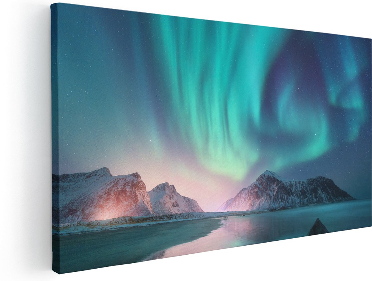 Artaza Canvas Schilderij Groene Noorderlicht in Noorwegen - 180x90 cm - Groot - Wanddecoratie Woonkamer - Schilderijen - Muurdecoratie