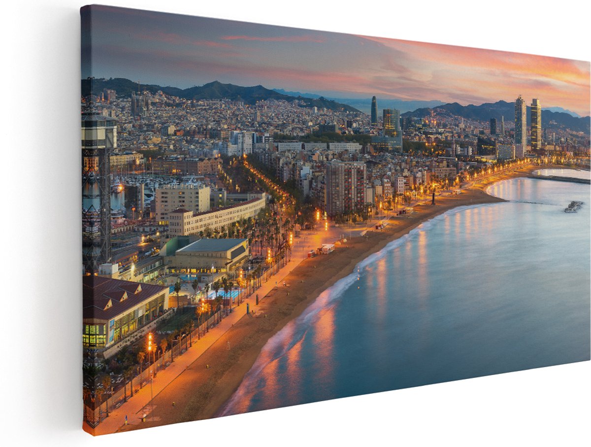 Artaza Canvas Schilderij Barcelona Strand met Stad bij Zonsondergang - 180x90 cm - Groot - Wanddecoratie Woonkamer - Schilderijen - Muurdecoratie