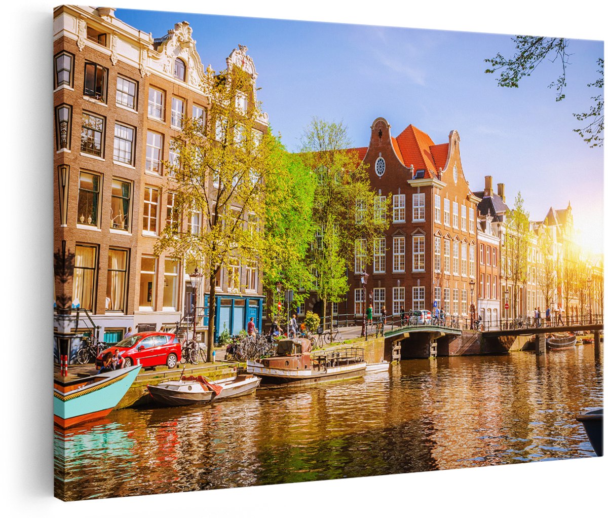 Artaza Canvas Schilderij Amsterdamse Gracht Tijdens Zonsondergang - 180x120 cm - Groot - Wanddecoratie Woonkamer - Schilderijen - Muurdecoratie