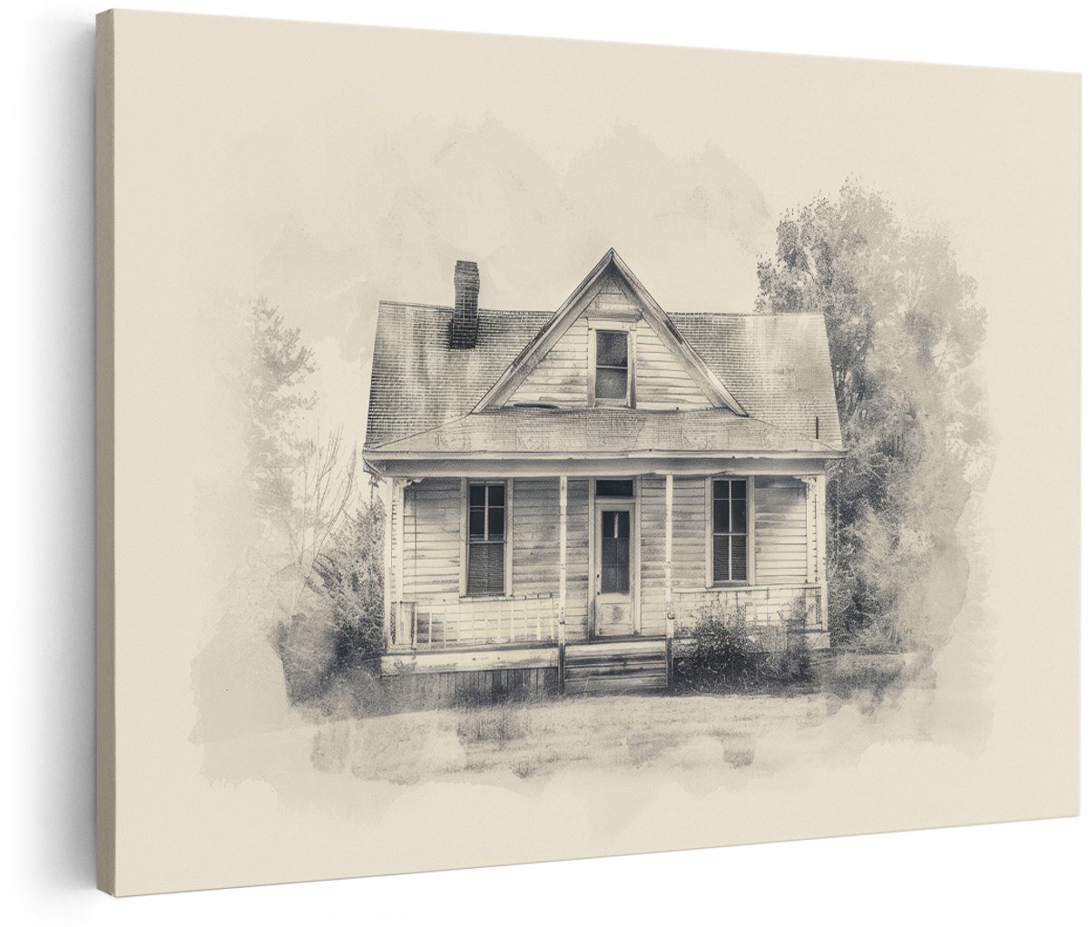 Artaza Canvas Schilderij Verlaten Huis - 180x120 cm - Groot - Wanddecoratie Vintage - Muurdecoratie Landelijk - Decoratie Zwart Wit