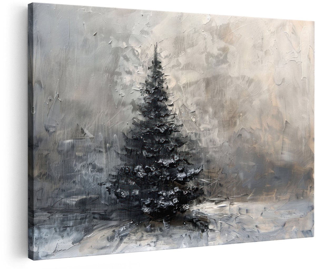 Artaza Canvas Schilderij Dennenboom - 180x120 cm - Groot - Wanddecoratie Abstract - Muurdecoratie Zwart Wit - Decoratie Winterlandschap - Schilderijen Op Canvas