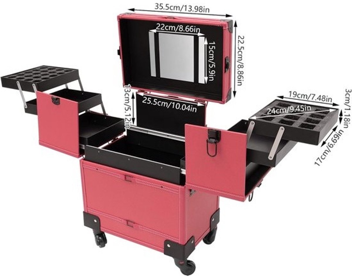 Mobiele Make-up Trolley met Spiegel en Handvat - Inklapbare Koffer op Wielen
