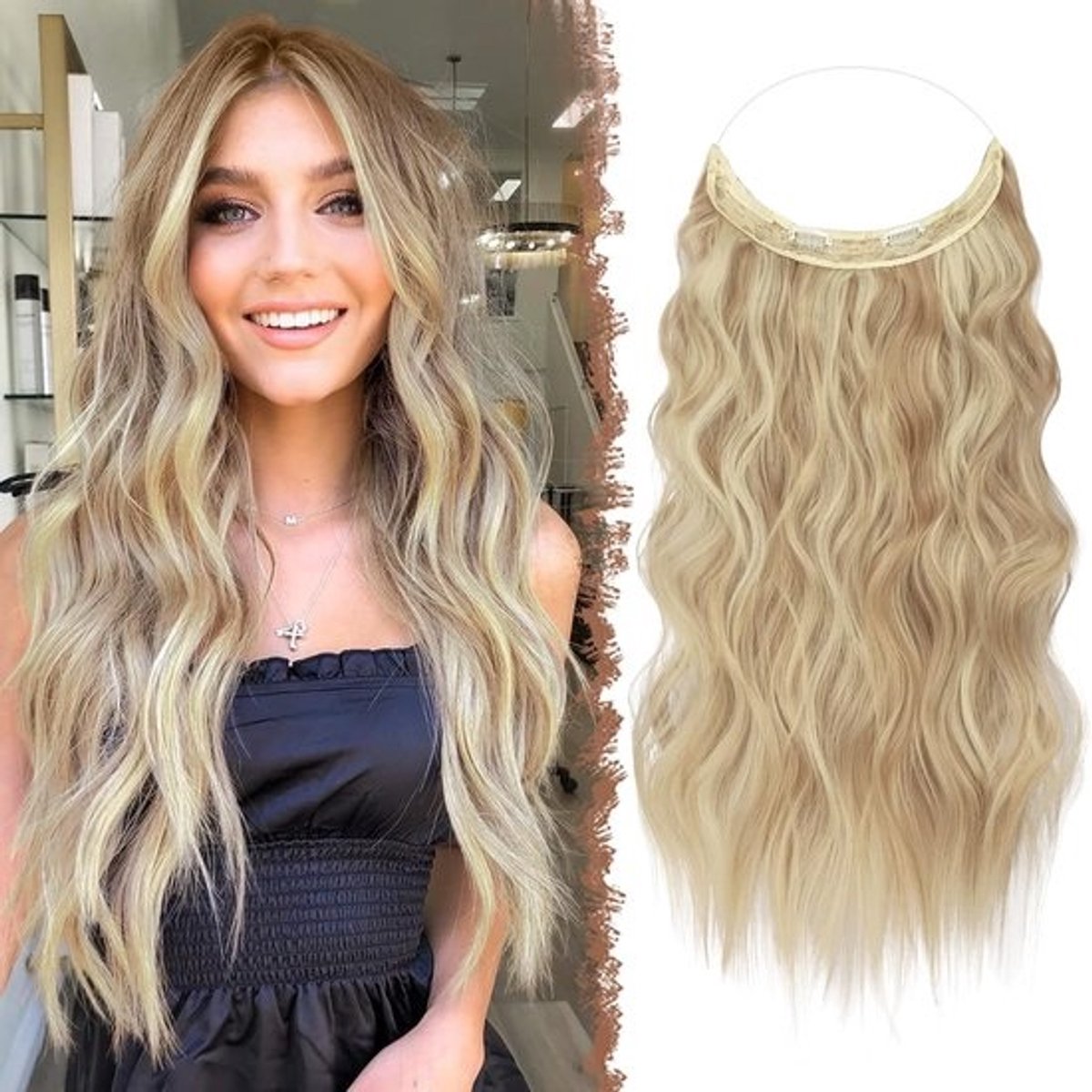 Onzichtbare Clip-In Haarverlenging Krullend Golvend Lang Donkerblond Mix