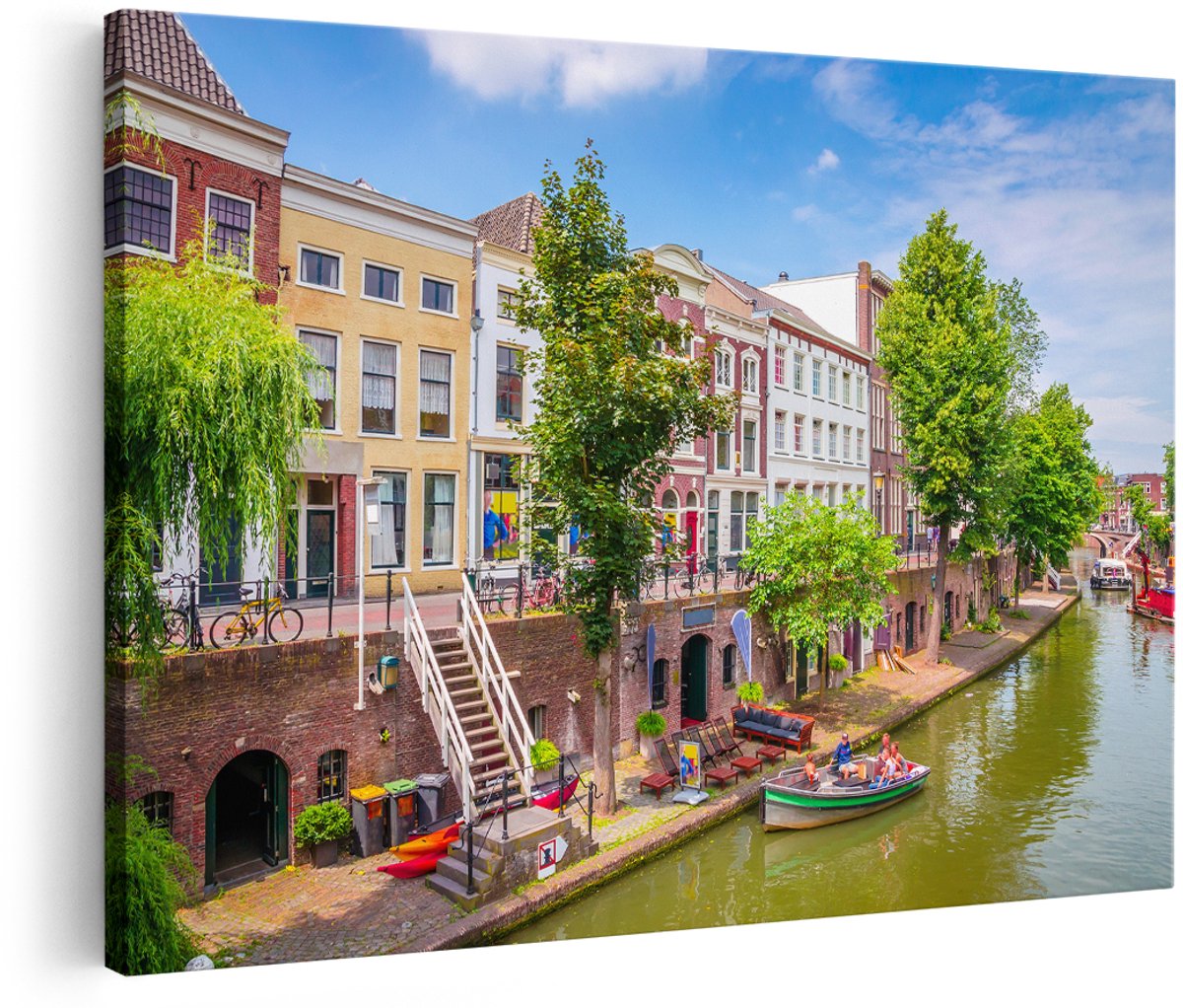 Artaza Canvas Schilderij Huisjes Aan De Oudegracht In Utrecht - 180x120 cm - Groot - Wanddecoratie Woonkamer - Schilderijen - Muurdecoratie