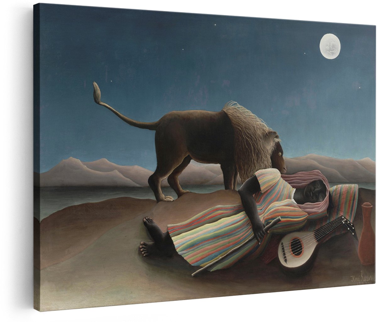 Artaza Canvas Schilderij Leeuw - 180x120 cm - Groot - Wanddecoratie Henri Rousseau - Muurdecoratie Slapende Zigeunerin - Decoratie Maanlicht Woonkamer