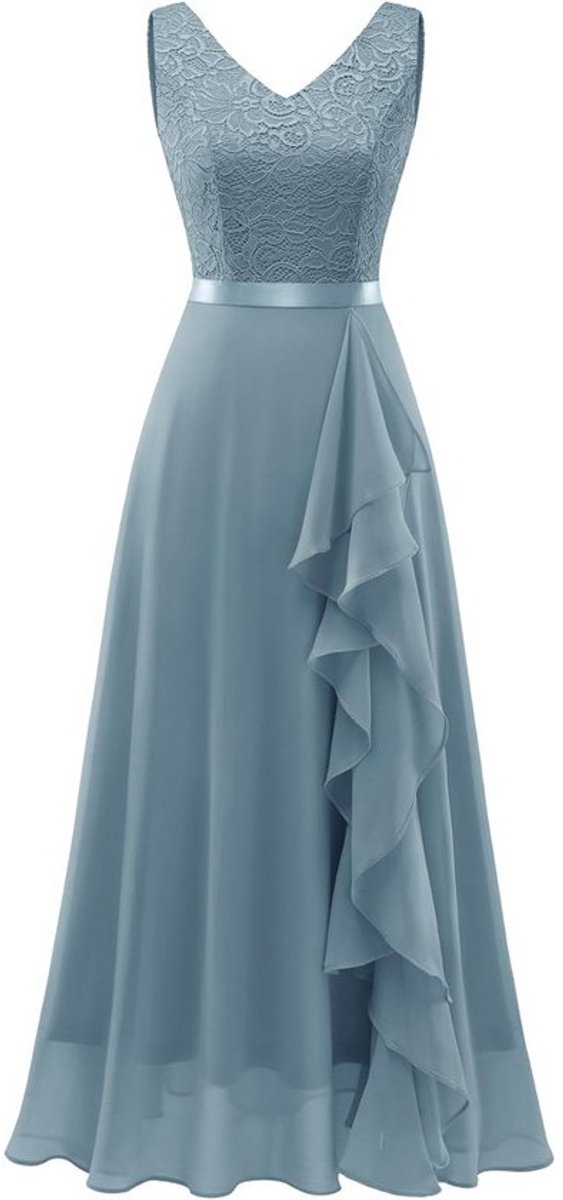 Elegante Lange Avondjurk met V-Hals en Tule, Geschikt voor Bruiloften en Galadiners
