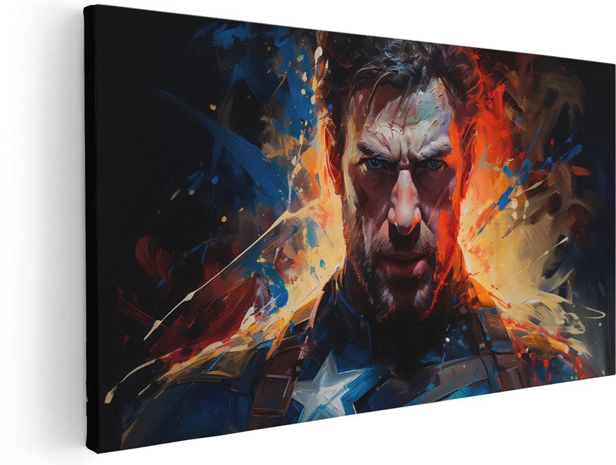 Artaza Canvas Schilderij Superheld - 180x90 cm - Groot - Marvel Muurdecoratie - Wanddecoratie Mannen - Portret Captain America - Schilderijen Op Canvas