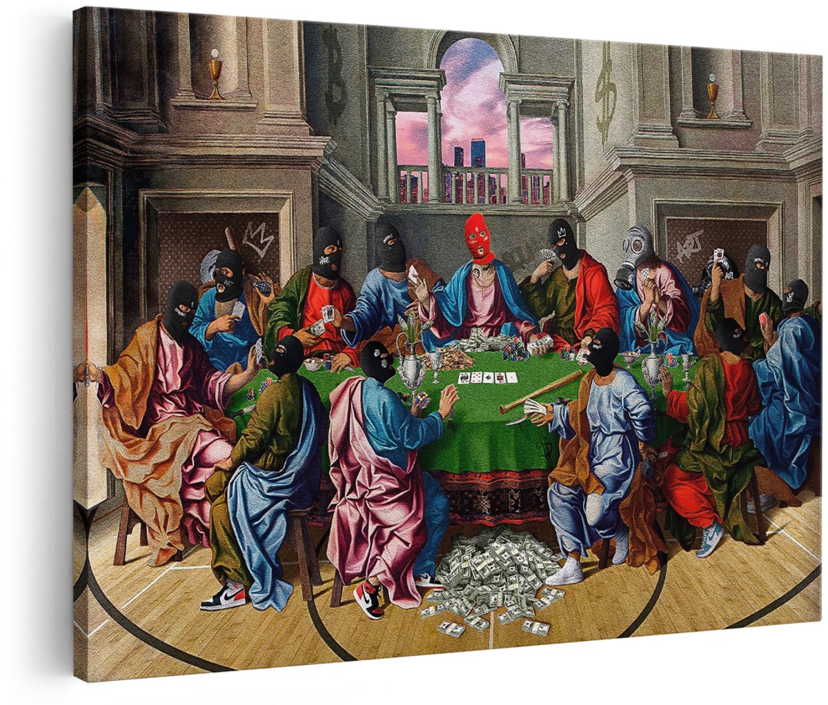 Artaza Canvas Schilderij Laatste Avondmaal - 180x120 cm - Groot - Wanddecoratie Gangster - Muurdecoratie Modern - Decoratie Geld Poker