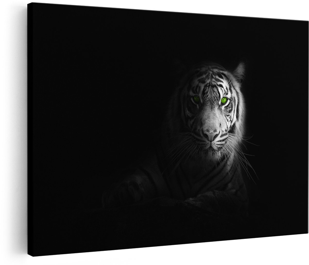Artaza Canvas Schilderij Tijger - 180x120 cm - Groot - Wanddecoratie Zwart Wit - Muurdecoratie Dieren - Decoratie Groene Ogen - Schilderijen Op Canvas