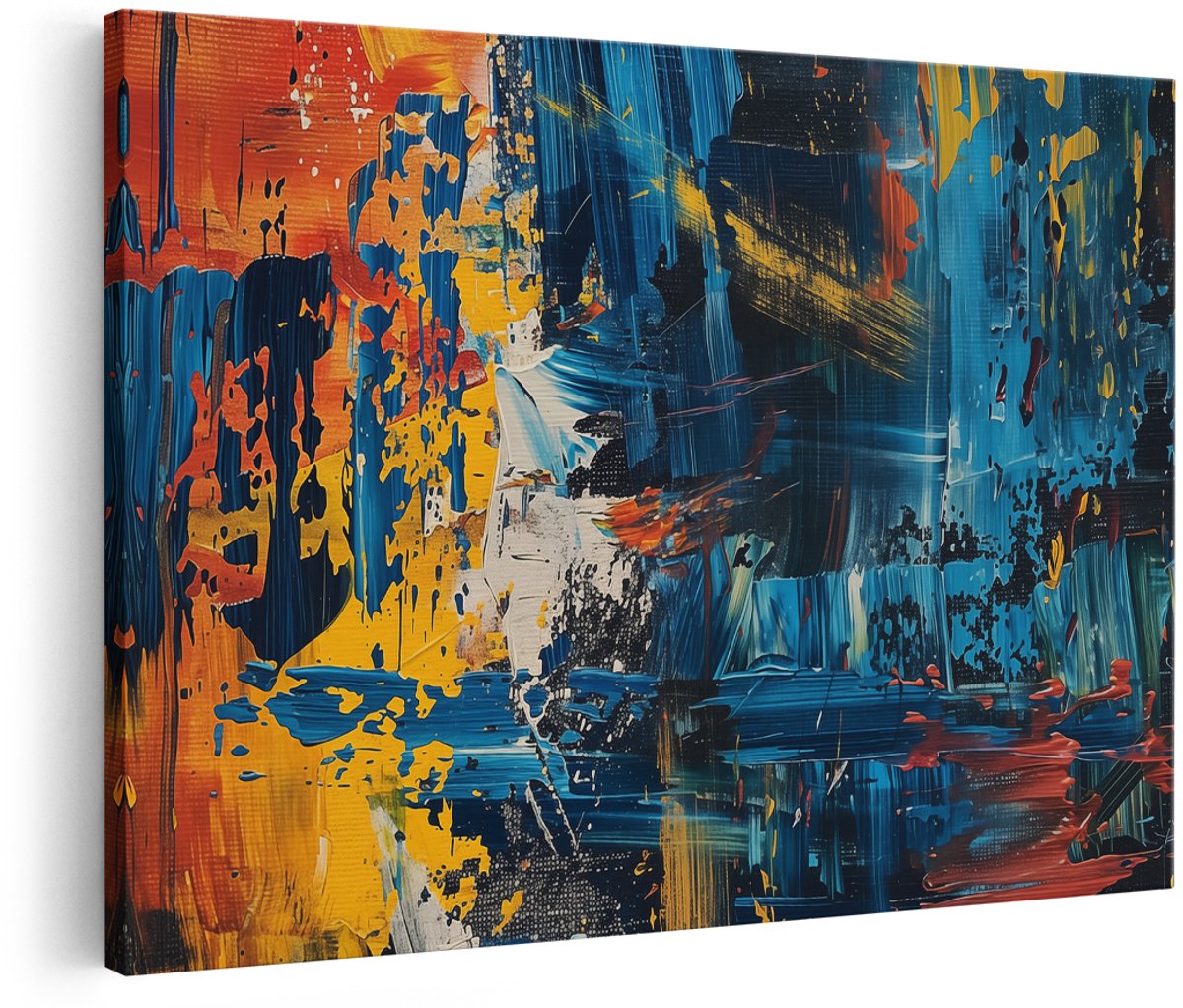 Artaza Canvas Schilderij Abstract Kunstwerk met Blauw, Geel en Oranje - 180x120 cm - Groot - Wanddecoratie Woonkamer - Schilderijen - Muurdecoratie