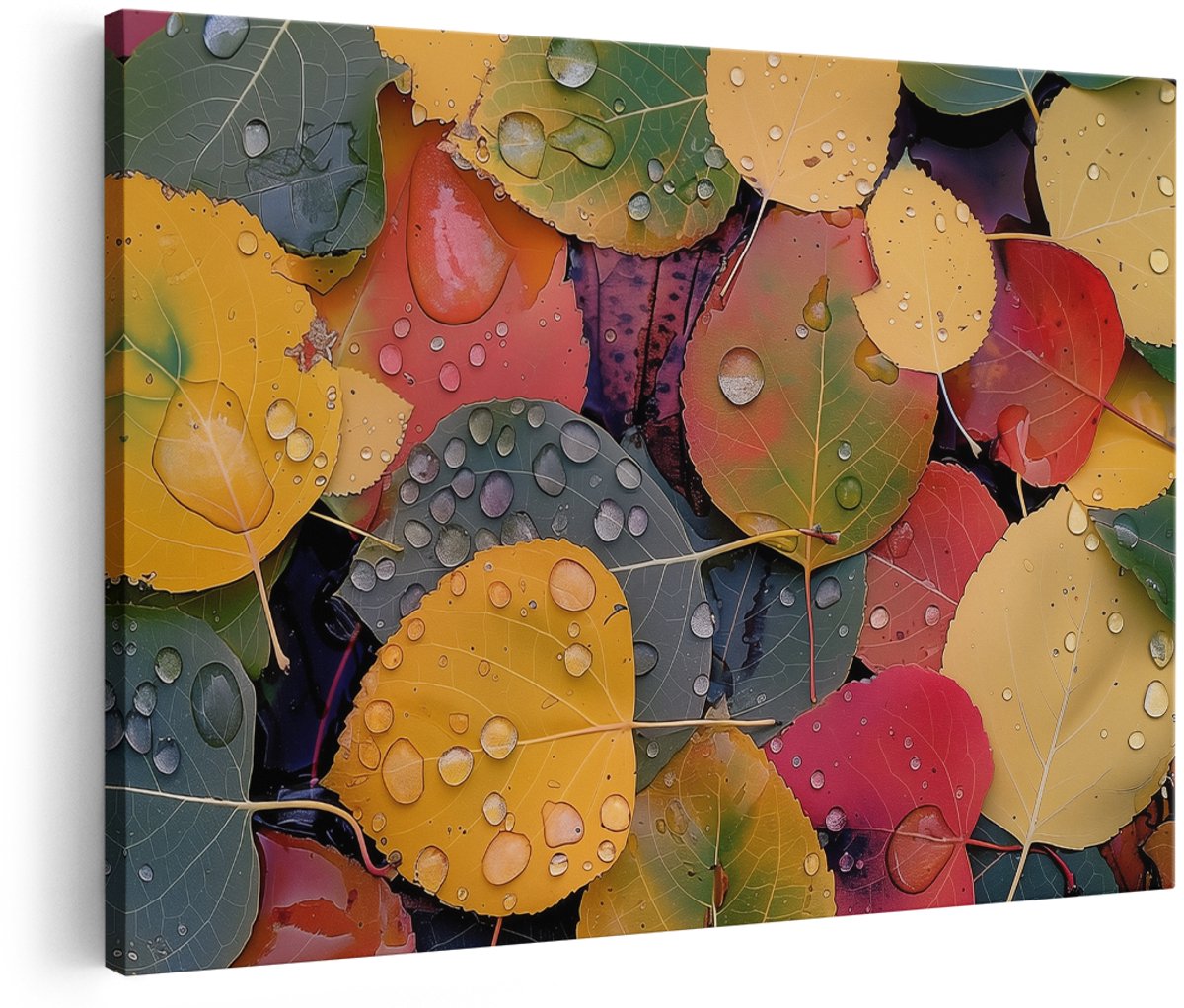 Artaza Canvas Schilderij Kleurrijke Bladeren met Waterdruppels - Herfst - 180x120 cm - Groot - Wanddecoratie Woonkamer - Schilderijen - Muurdecoratie