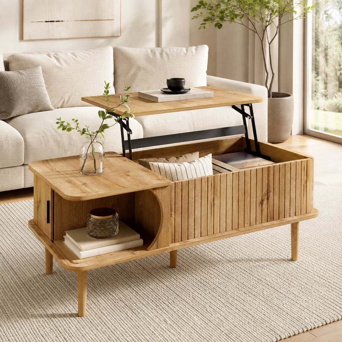 Salontafel - Bijzettafel - Verhoogbaarl - Uitschuifbaar Blad - Multifunctioneel Woonkamermeubilair - Verborgen Opbergvakken - Met schuifdeur - Houten tafelpoten - Voor Woonkamer En Werkhoek - Natuurlijke houtkleur