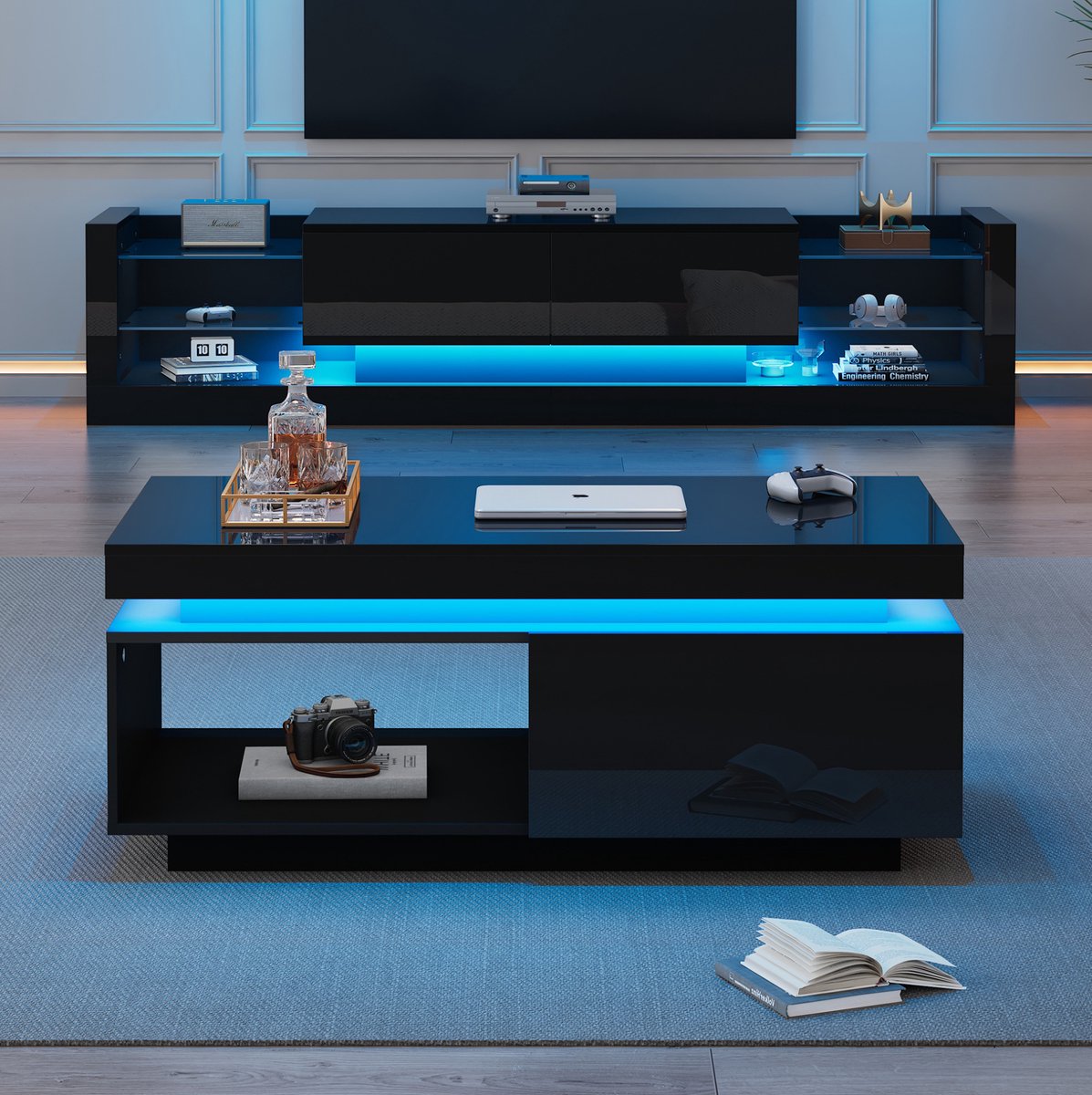 REDOM - TV-wandschrankset - Hoogglans oppervlak - LED-verlichting - Moderne stijl - Woonkamer - Spaanplaat - Zwart - 181 x 38 x 38 cm