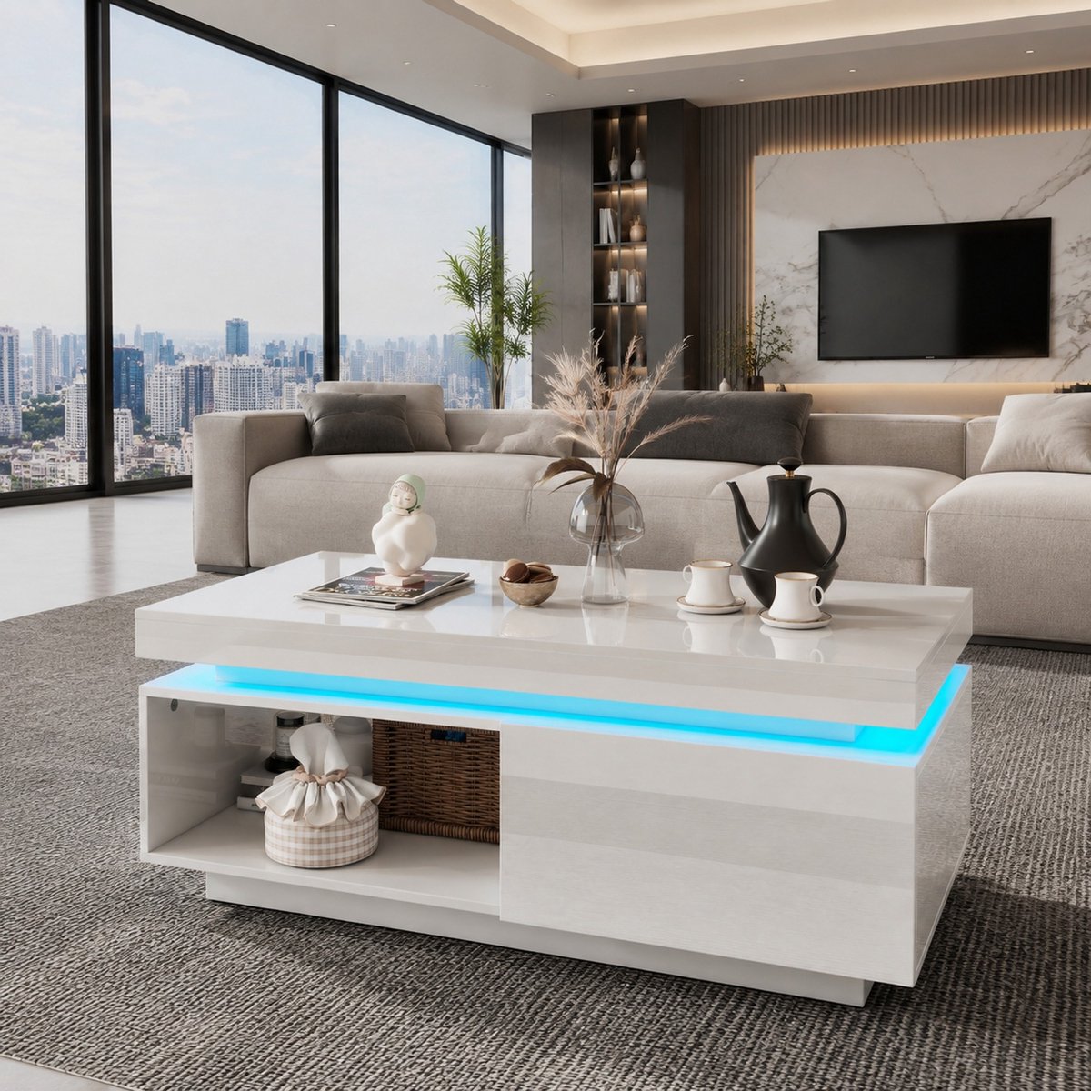 REDOM - Tv meubel set - Hoogglans oppervlak - LED verlichting - Moderne stijl - Woonkamer - Spaanplaat - Wit - 181 x 38 x 38 cm en 100 x 50 x 40,3 cm