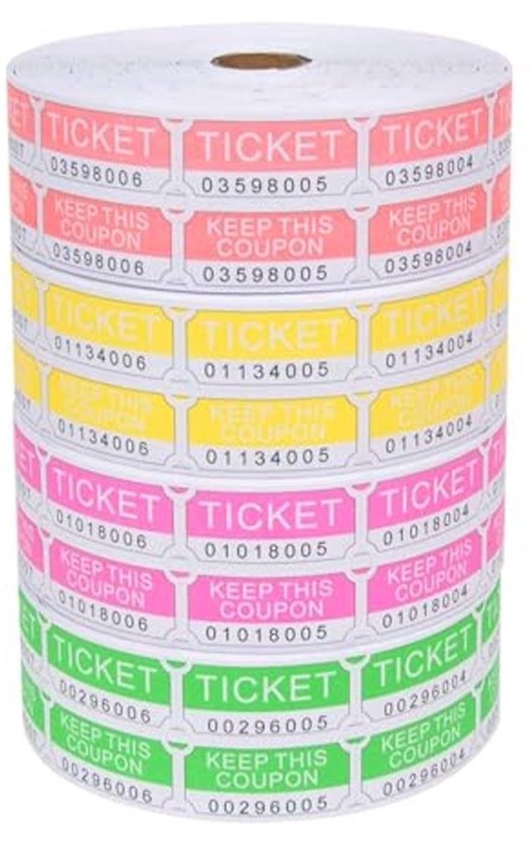Diverse Dubbele Loterij Tickets - 8000 Stuks per Rol - 50/50 Verdeling in Neon Kleuren