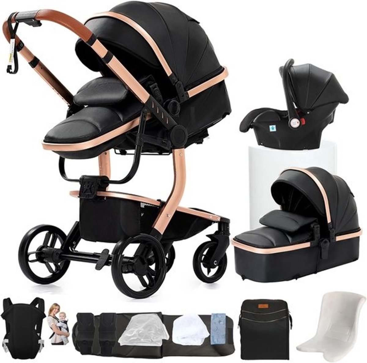 3-in-1 Kinderwagen voor Pasgeborenen - Multifunctioneel, Opvouwbaar, Bidirectioneel met Comfortabele Slaapmand | Zwart