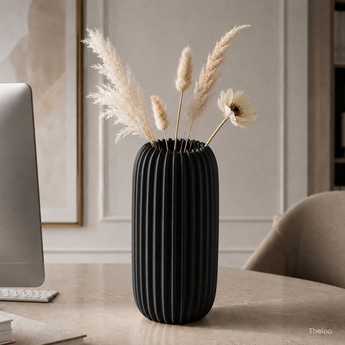 Tbeloo Decoratieve Vaas – Moderne Geribbelde Bloemenvaas – 3D Geprint – Zwart – 15 x 7,5 cm