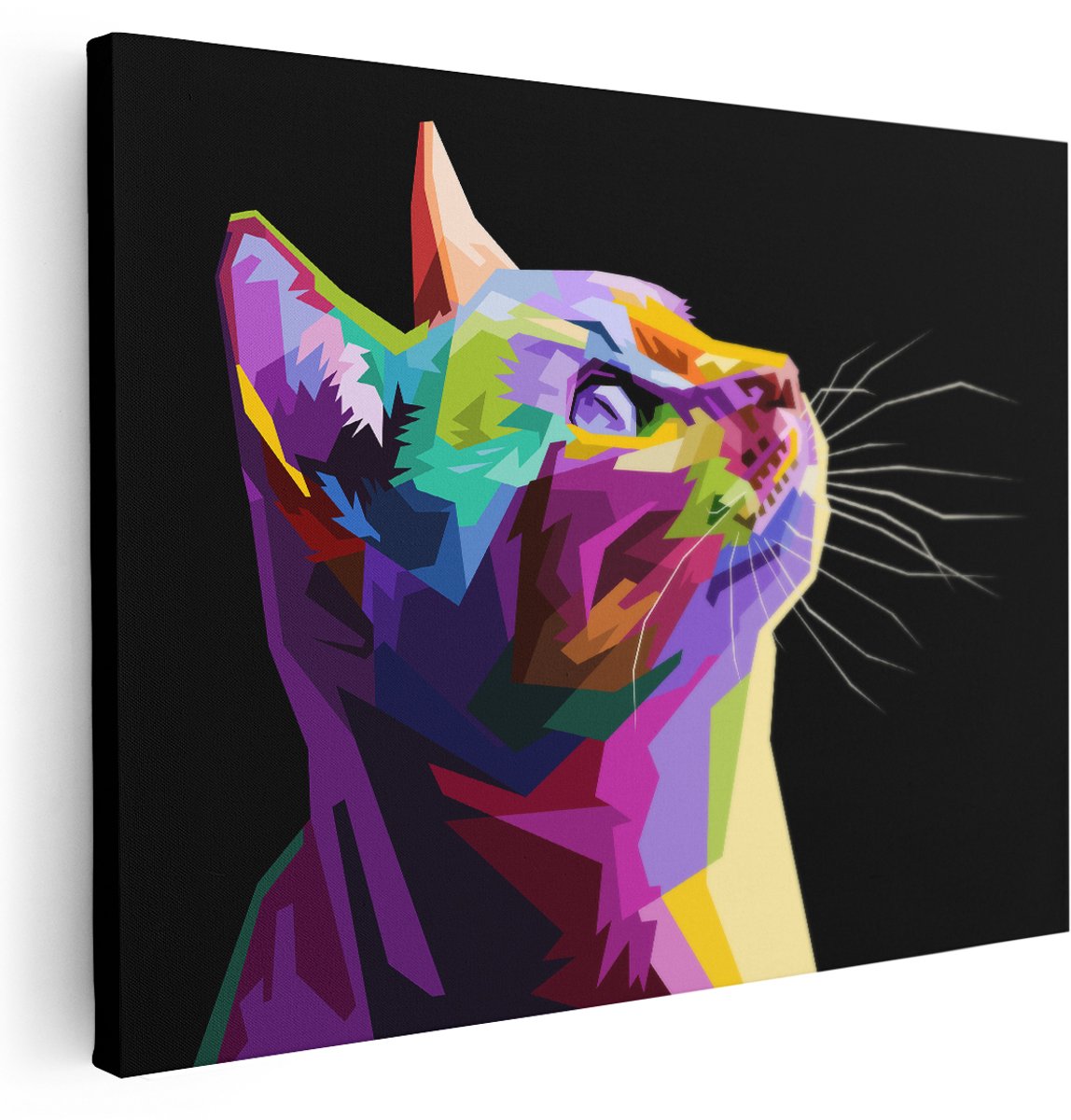 Artaza Canvas Schilderij Kleurrijke Kat Kijkt Naar Boven - Abstract - 160x120 cm - Groot - Wanddecoratie Woonkamer - Schilderijen - Muurdecoratie