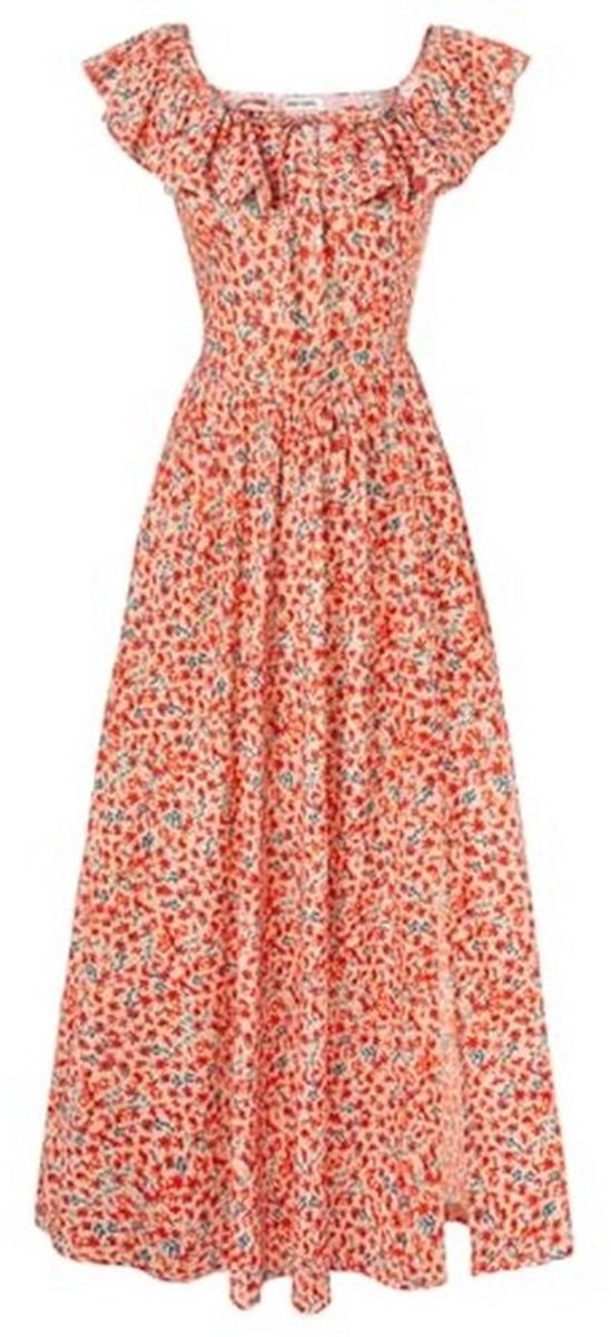 Vrouwen Zomer Bloem Motief V-Hals Ruffle Mouw Empire Taille A-Lijn Maxi Jurk met Zakken