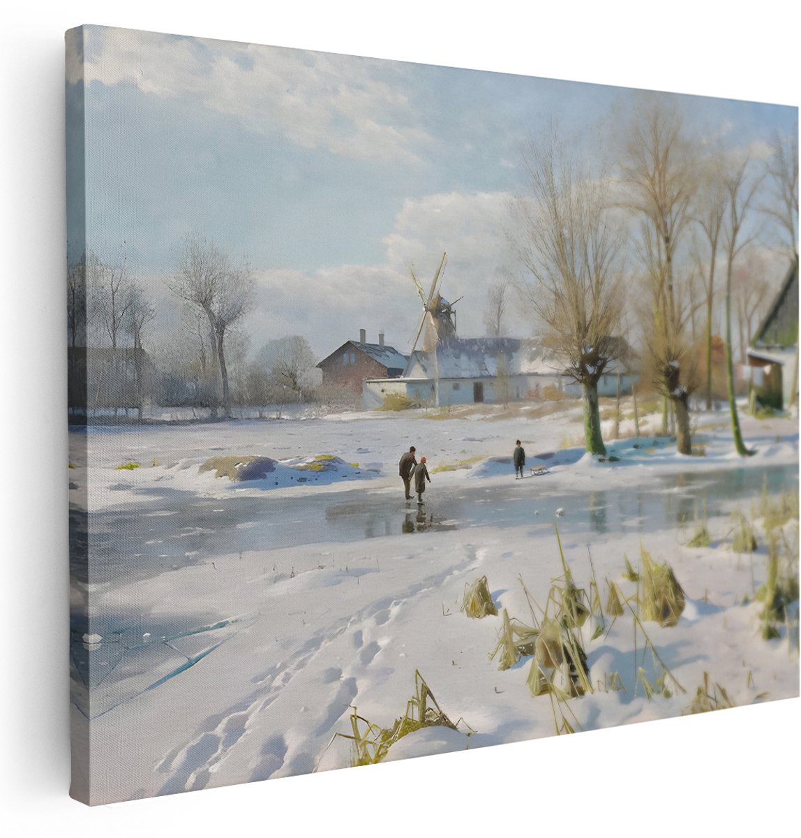 Artaza Canvas Schilderij Winters Tafereel - 160x120 cm - Groot - Wanddecoratie Besneeuwd Dorp - Muurdecoratie Molen - Schilderijen Op Canvas Natuur